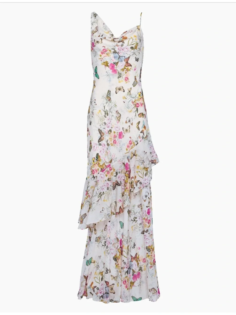 L'AGENCE White Floral One-Shoulder Silk Slip Dress with Pastel Butterfly Print - Picture 1 of 3